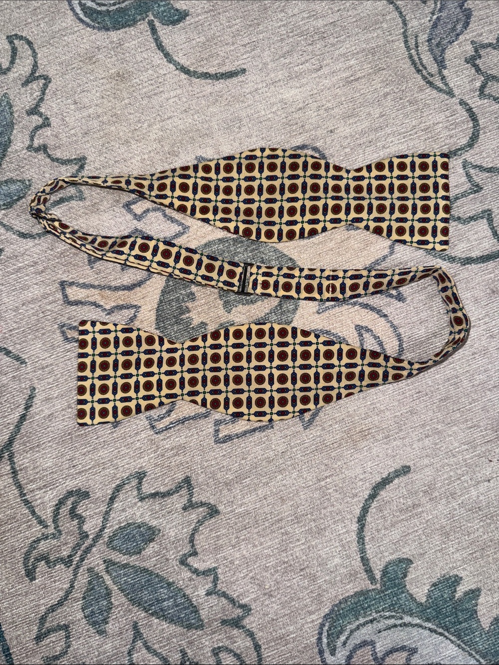 Beau TiesLtd. Geometric Beige Self-Tie Bow Tie with Navy & Burgundy Accents